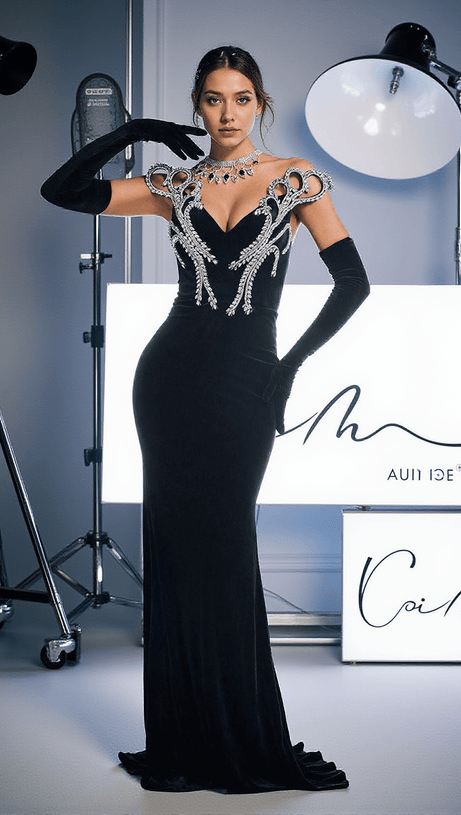 ABITO SIRENA IN VELLUTO CON CRISTALLI SENZA SPALLINE ZAMIR CON GUANTI