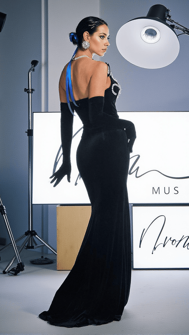 AIIZIE ZAMIR STRAPLESS CRYSTAL VELVET MERMAID DRESS WITH GLOVES - product image