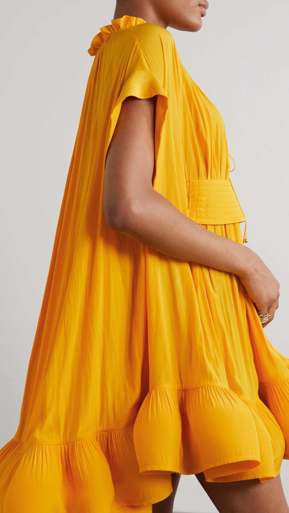 CAPE-EFFECT BELTED CHARMEUSE MINI DRESS