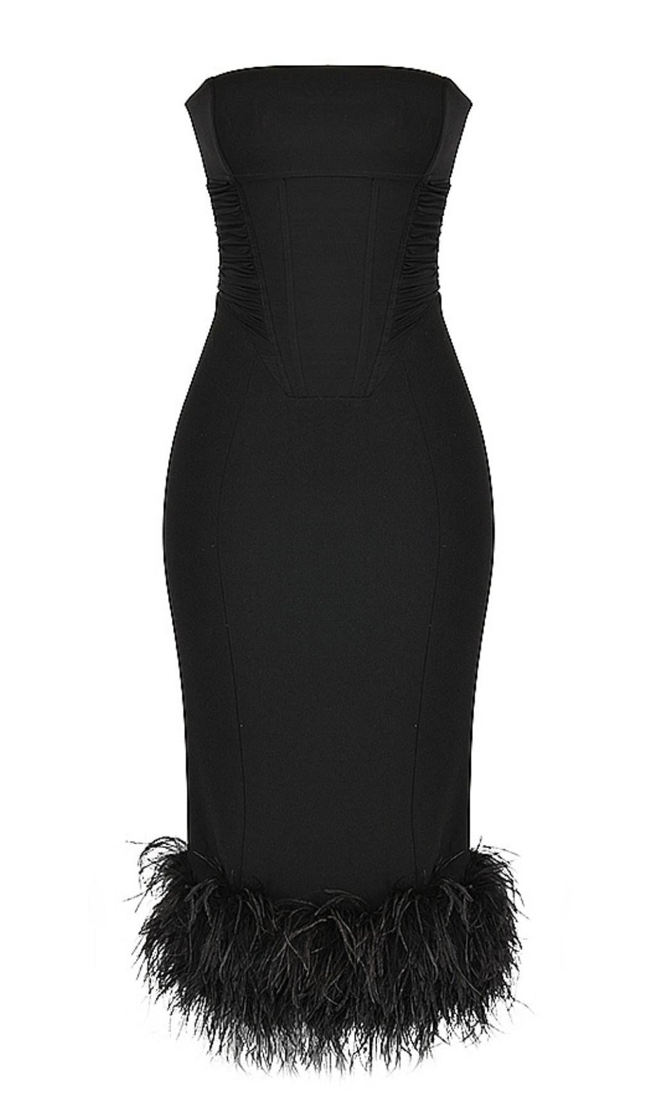 TRÄGERLOSES FEDERKORSETT-KLEID IN SCHWARZ