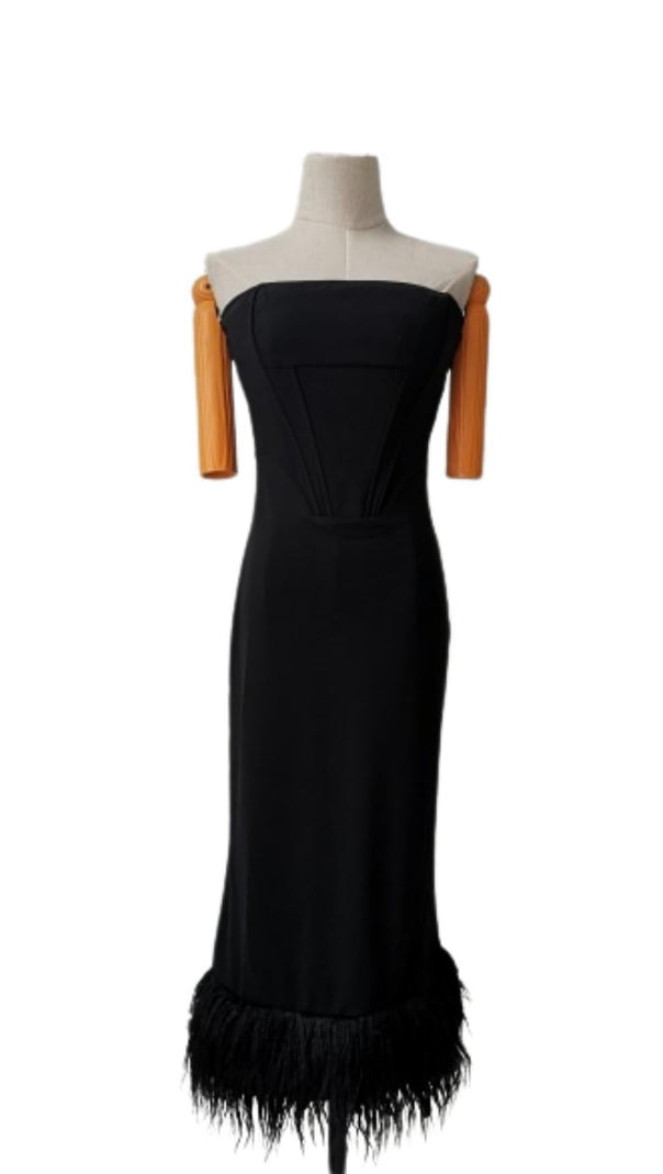 AIIZIE STRAPLESS FEATHER CORSET DRESS IN BLACK - product image