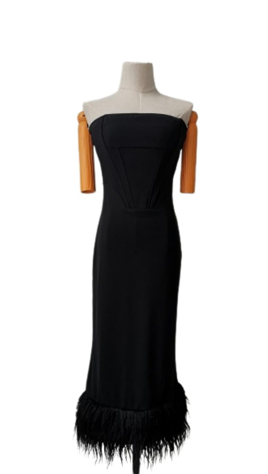 STRAPLESS FEATHER CORSET DRESS IN BLACK