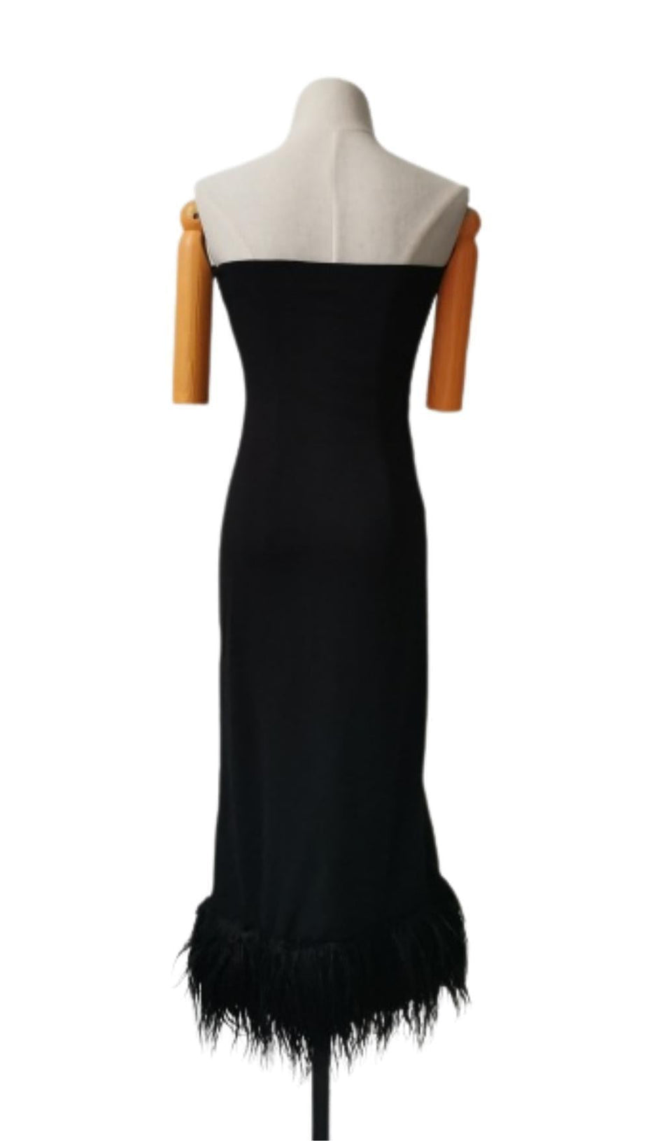 STRAPLESS FEATHER CORSET DRESS IN BLACK