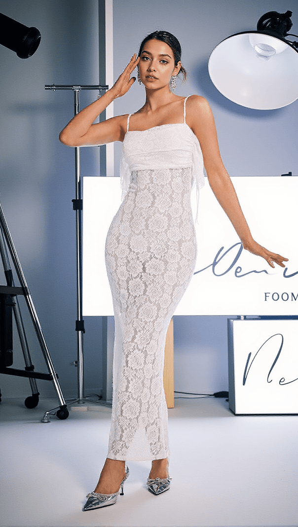 AIIZIE ZAKAI SPAGHETTI RUCHED LACE MAXI DRESS - product image