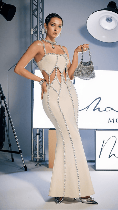 DARIO SPAGHETTI CRYSTAL CUTOUT BANDAGE DRESS