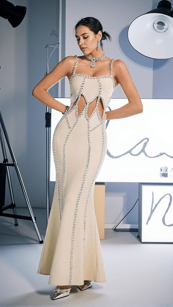 AIIZIE DARIO SPAGHETTI CRYSTAL CUTOUT BANDAGE DRESS - product image