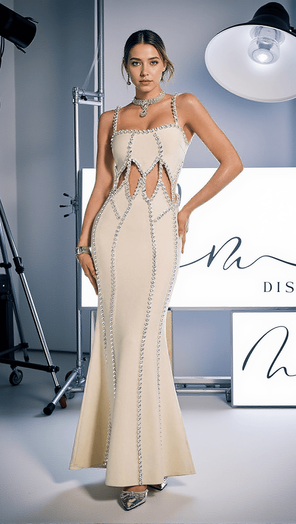 AIIZIE DARIO SPAGHETTI CRYSTAL CUTOUT BANDAGE DRESS - product image