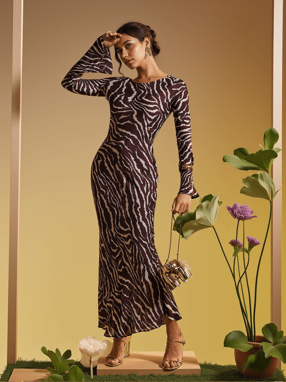 CECILY LONG SLEEVE TIGER PRINTED MAXI DRESS