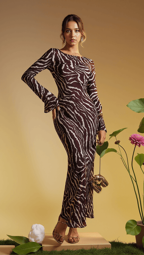 CECILY LONG SLEEVE TIGER PRINTED MAXI DRESS
