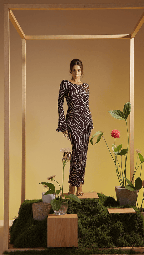 CECILY LONG SLEEVE TIGER PRINTED MAXI DRESS