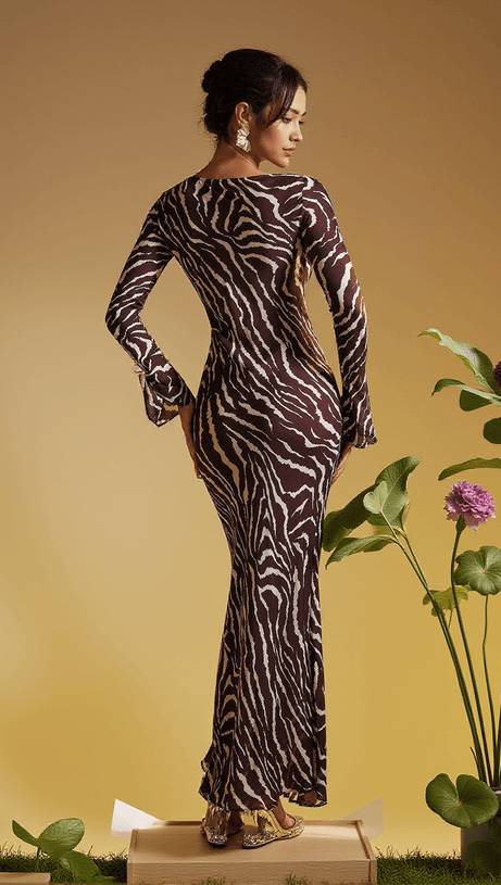 CECILY LONG SLEEVE TIGER PRINTED MAXI DRESS