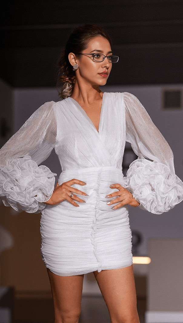 AIIZIE ANNELINE V NECK RUCHED MINI DRESS IN WHITE - product image