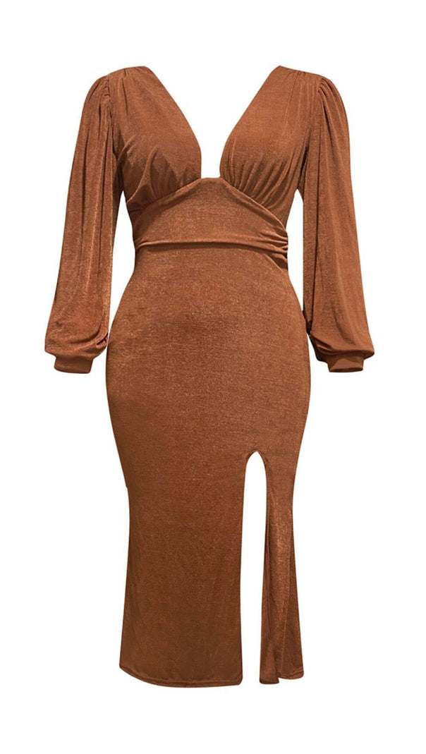 AIIZIE BROWN PLUS SIZE V NECK SLIT BODYCON DRESS - product image