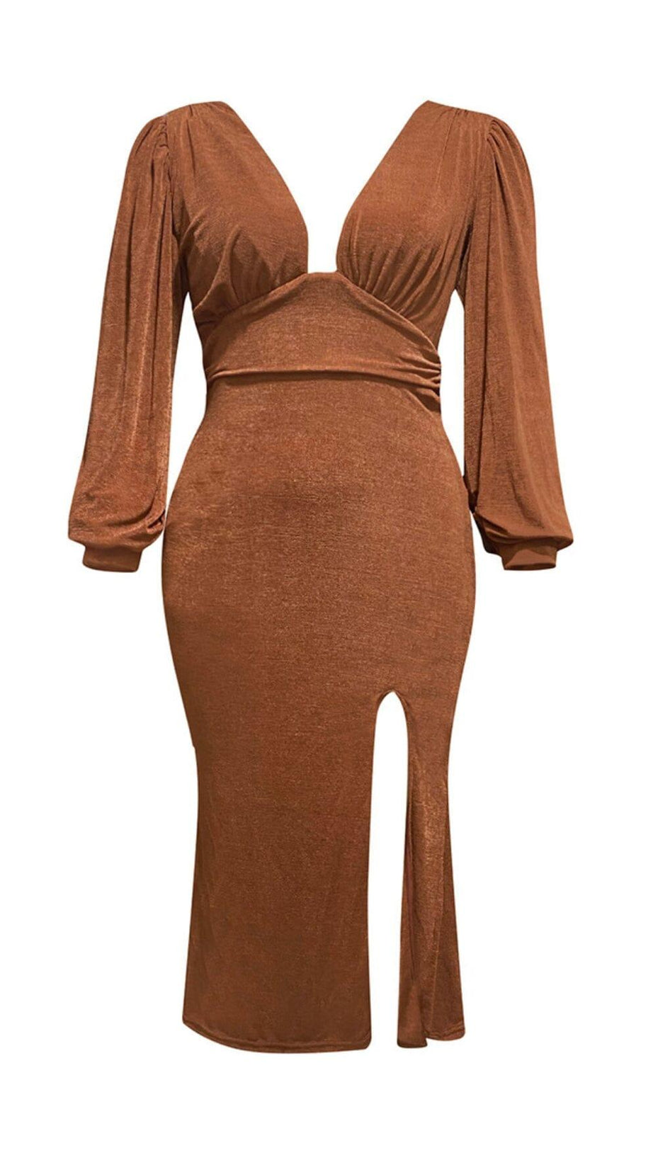 BROWN PLUS SIZE V NECK SLIT BODYCON DRESS