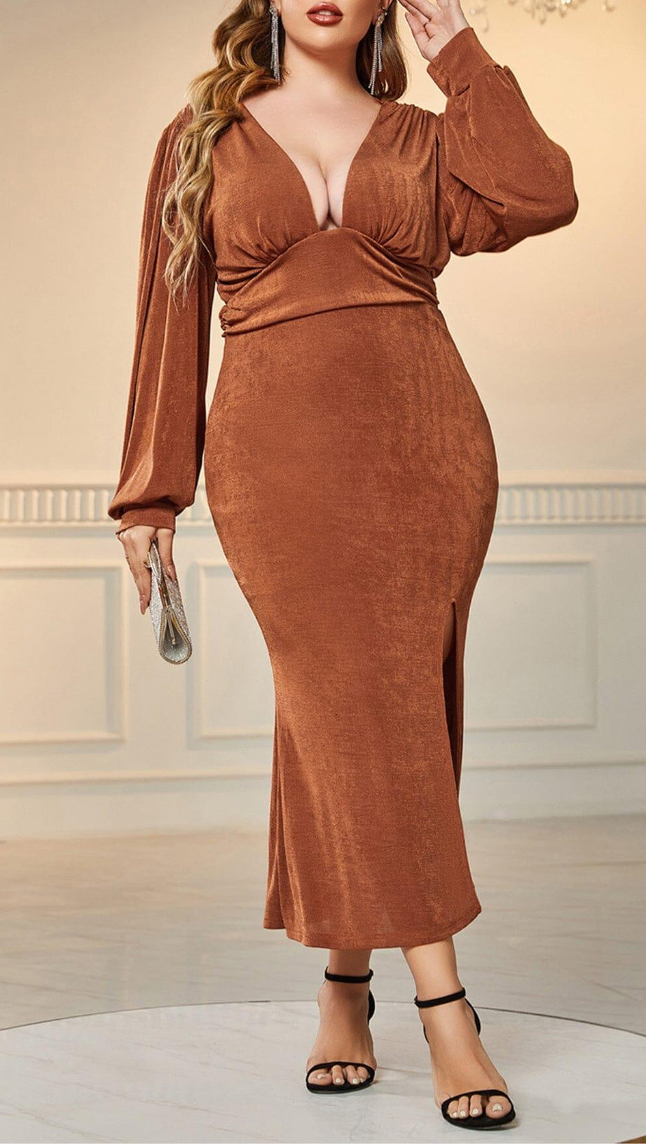 BROWN PLUS SIZE V NECK SLIT BODYCON DRESS