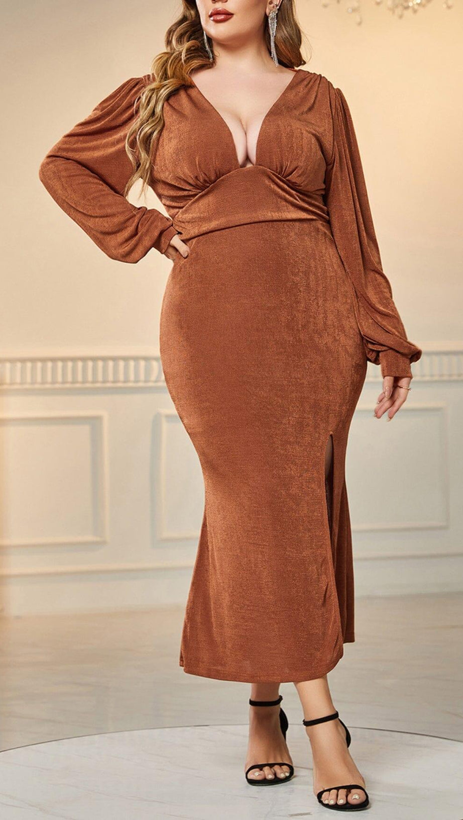 BROWN PLUS SIZE V NECK SLIT BODYCON DRESS