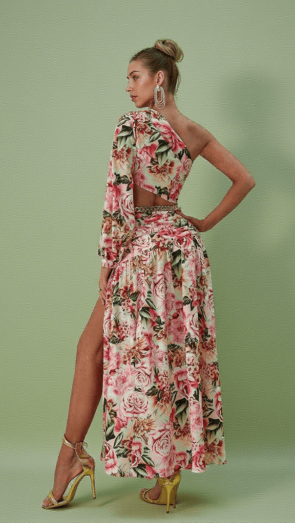 AIIZIE ANNABELLA ONE SHOULDER FLORAL CUTOUT MAXI DRESS IN PINK - product image