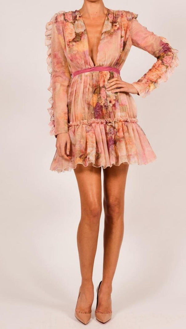 AIIZIE LONG SLEEVE PRINT MINI DRESS IN PINK - product image
