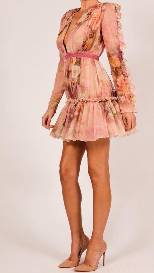 AIIZIE LONG SLEEVE PRINT MINI DRESS IN PINK - product image