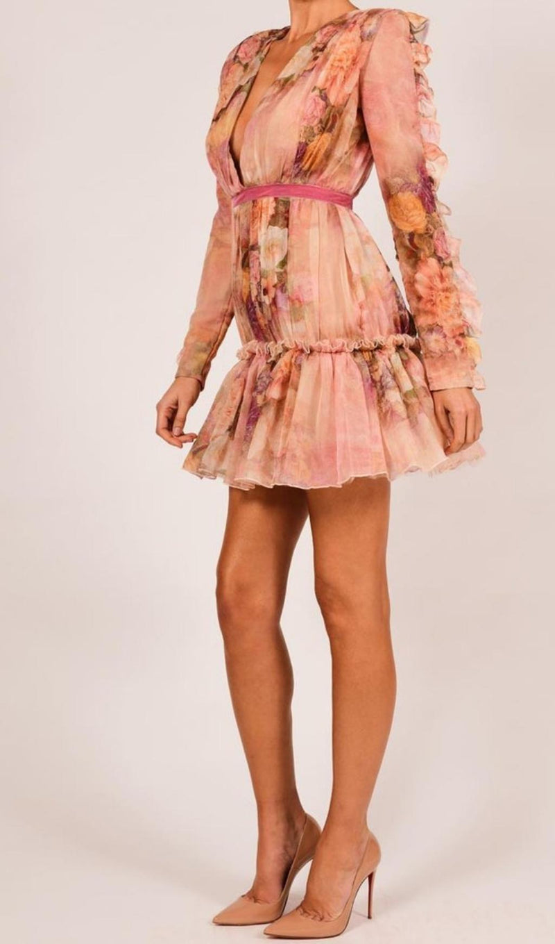 LONG SLEEVE PRINT MINI DRESS IN PINK