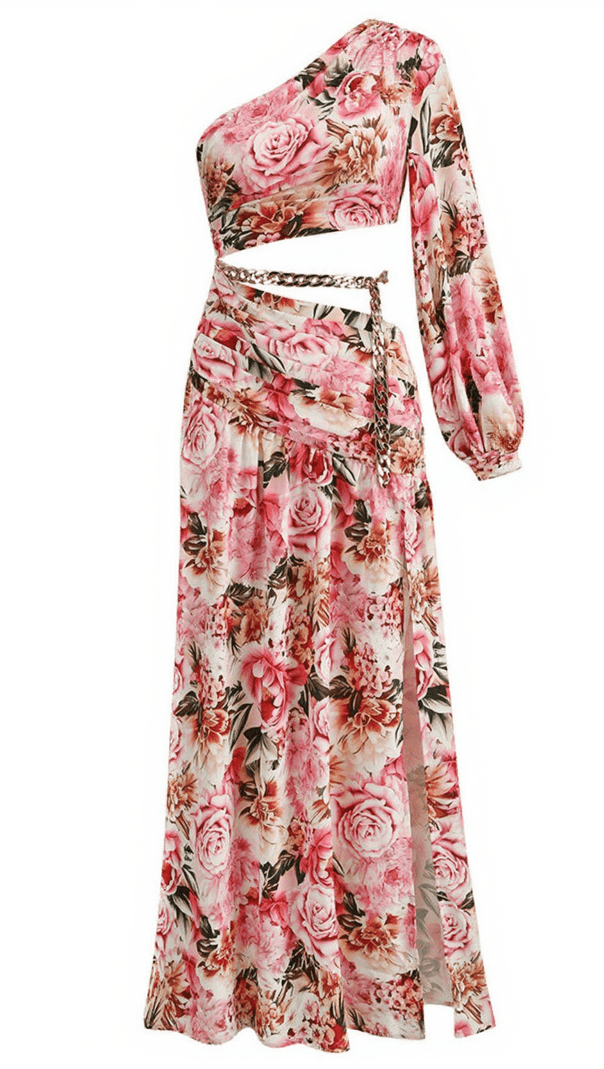 AIIZIE ANNABELLA ONE SHOULDER FLORAL CUTOUT MAXI DRESS IN PINK - product image