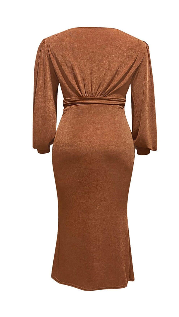 AIIZIE BROWN PLUS SIZE V NECK SLIT BODYCON DRESS - product image