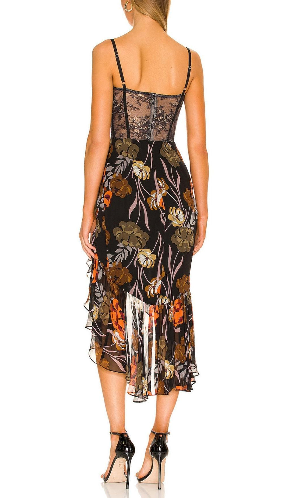 LACE PRINTED MIDI DRESS IN BLACK