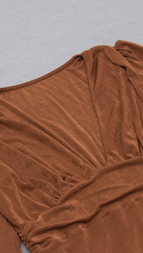 BROWN PLUS SIZE V NECK SLIT BODYCON DRESS