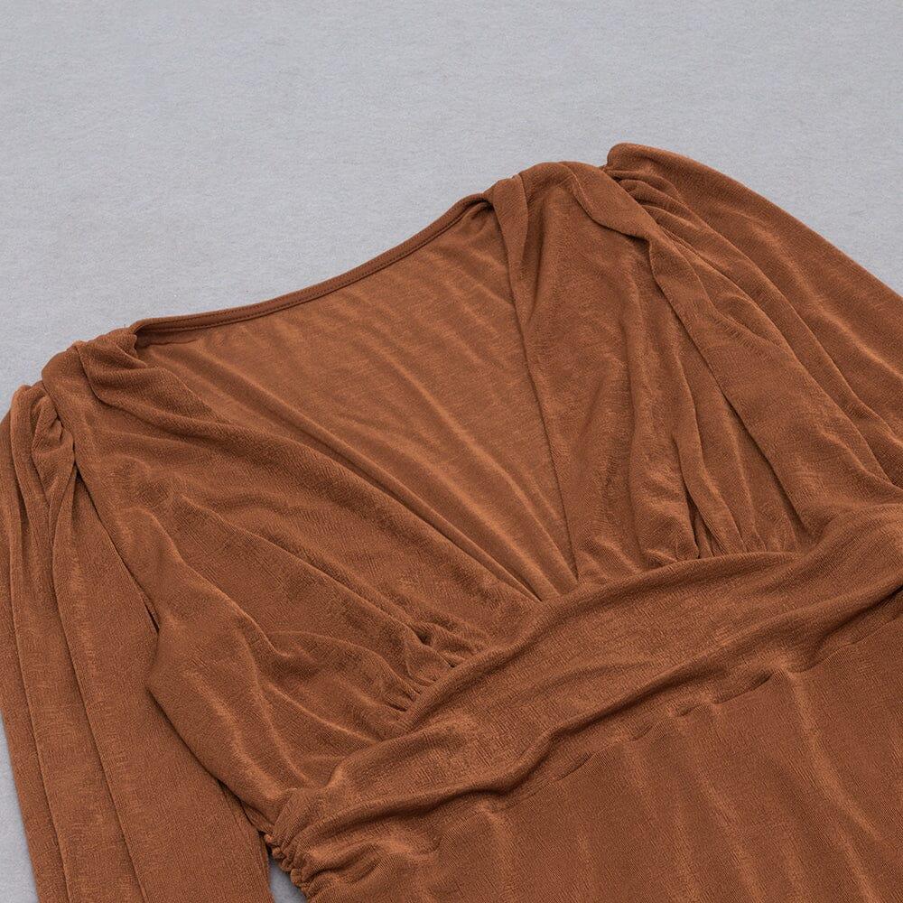 AIIZIE BROWN PLUS SIZE V NECK SLIT BODYCON DRESS - product image