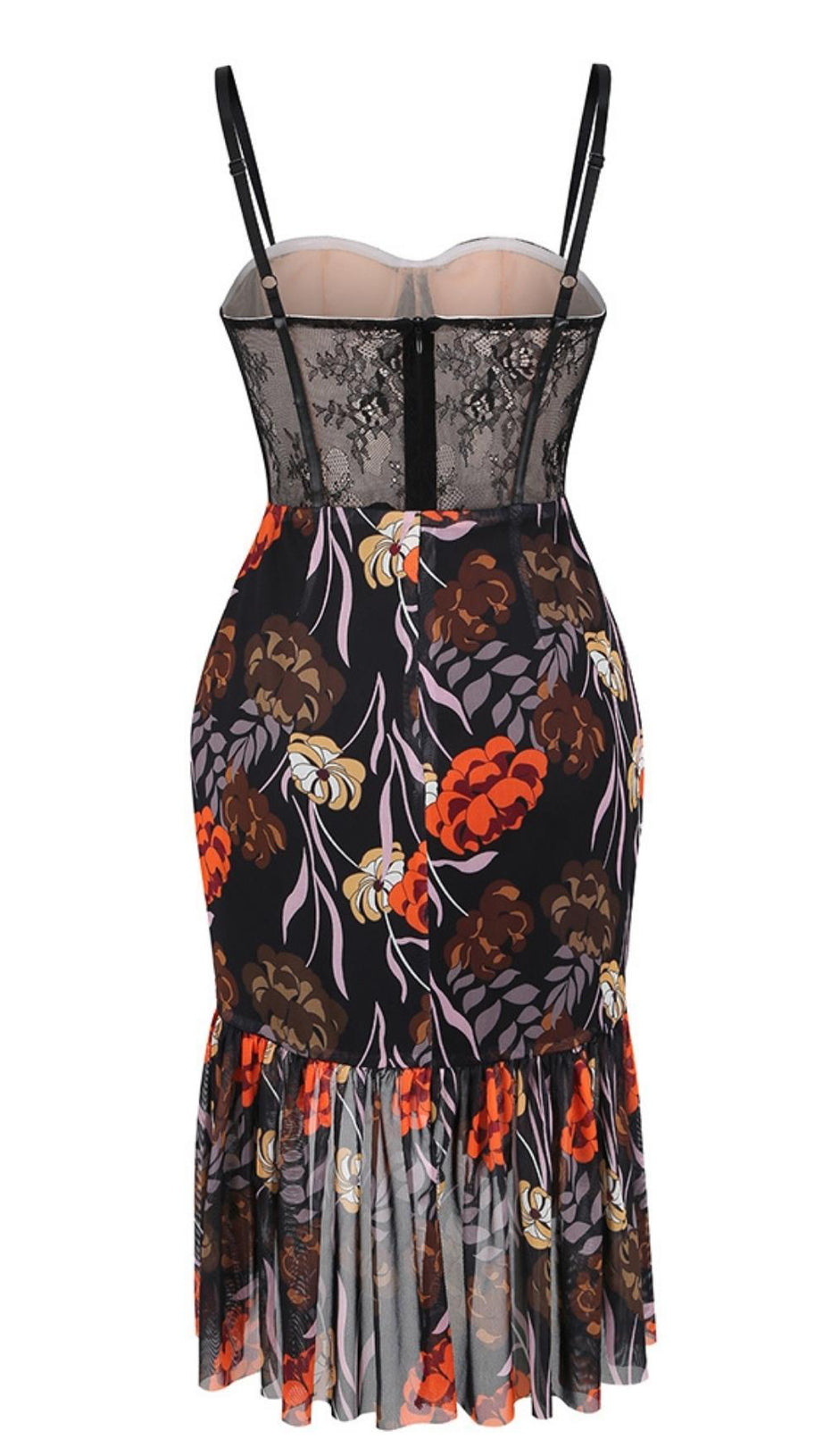 LACE PRINTED MIDI DRESS IN BLACK