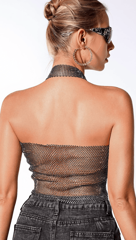 BRIELEIGH BAND RHINESTONE BACK NET HALTER TOP