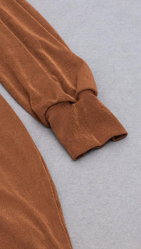 BROWN PLUS SIZE V NECK SLIT BODYCON DRESS