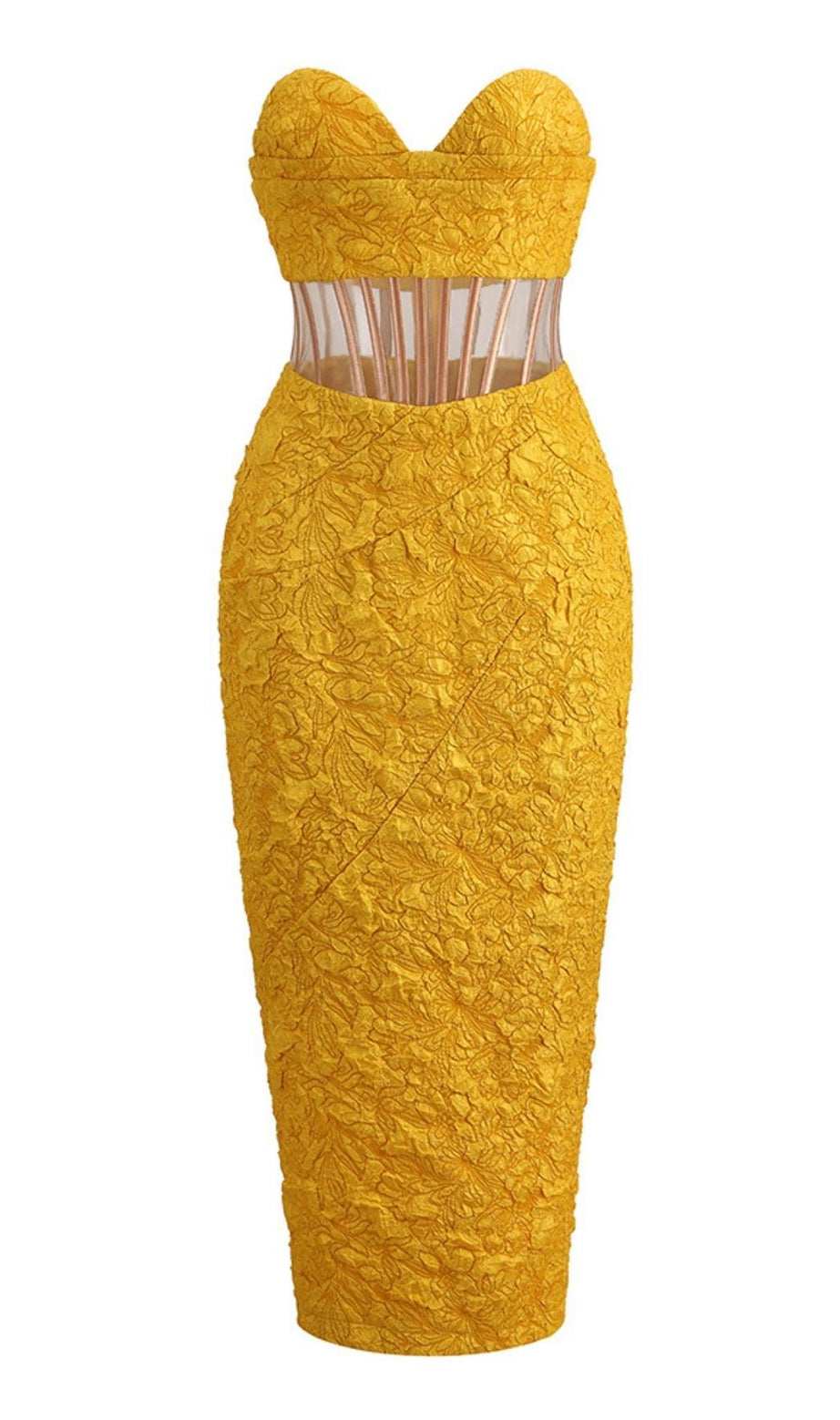 ABITO MIDI JACQUARD SENZA SPALLINE GIALLO