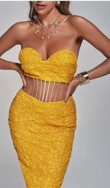 JACQUARD STRAPLESS MIDI DRESS IN YELLOW