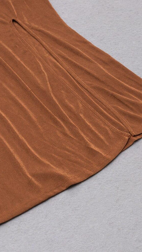 BROWN PLUS SIZE V NECK SLIT BODYCON DRESS