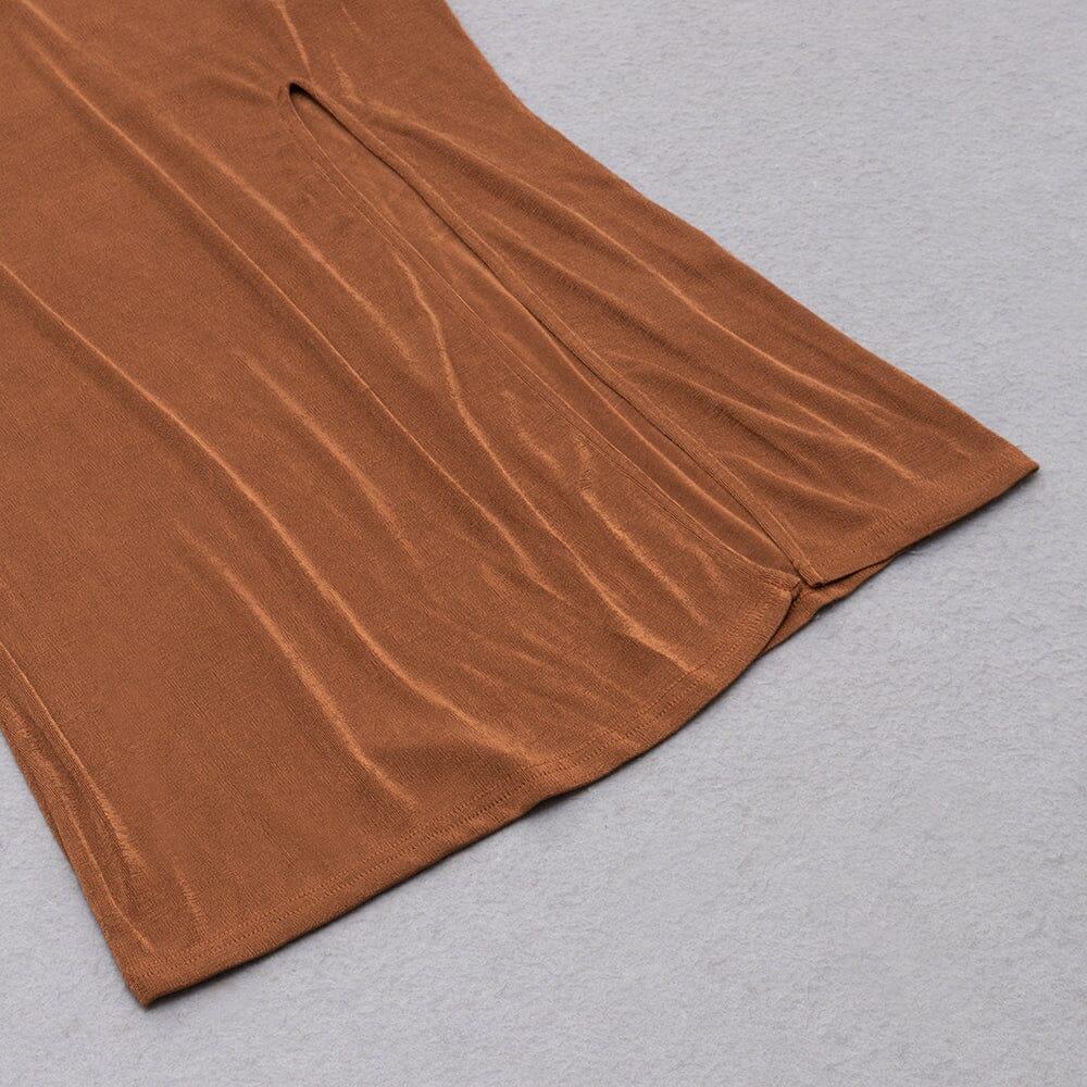 AIIZIE BROWN PLUS SIZE V NECK SLIT BODYCON DRESS - product image