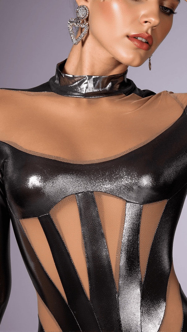 AIIZIE ALINA PATCHWORK MESH SHEER ZIPPER JUMPSUIT - product image
