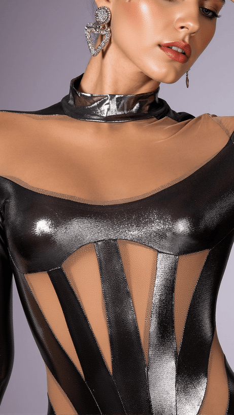 ALINA PATCHWORK MESH SHEER ZIPPER JUMPSUIT