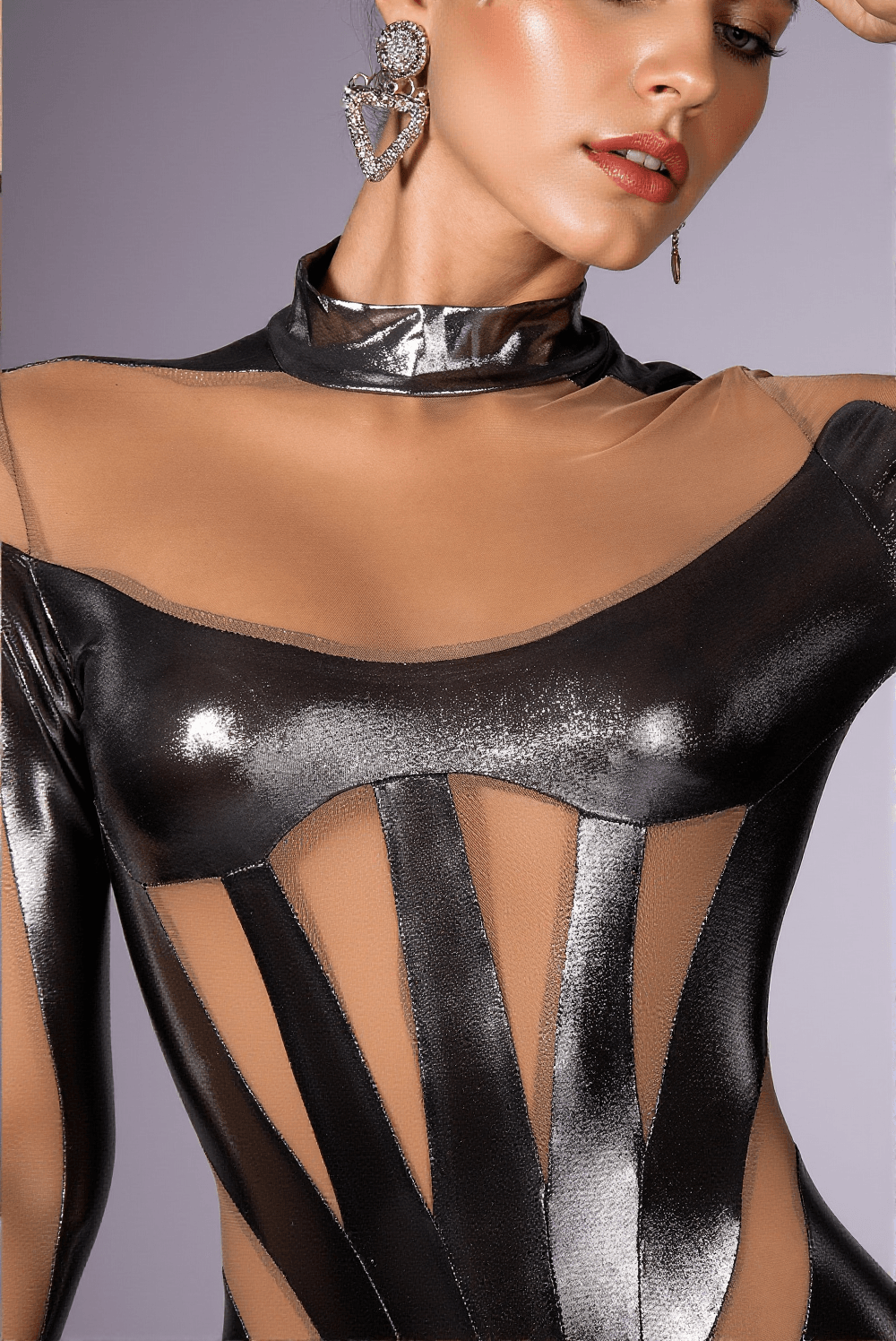 ALINA PATCHWORK MESH SHEER ZIPPER JUMPSUIT