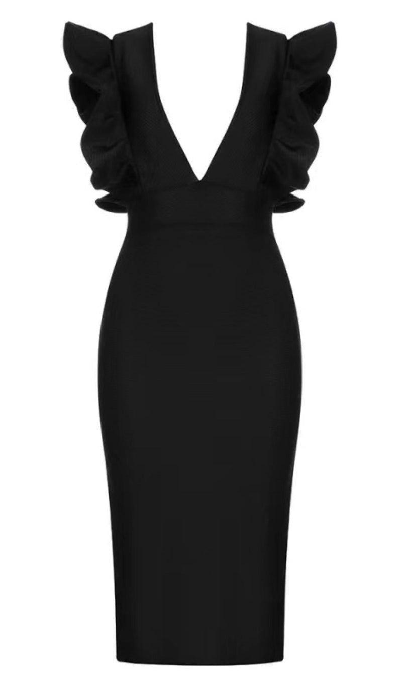 DEEP V MIDI DRESS IN BLACK