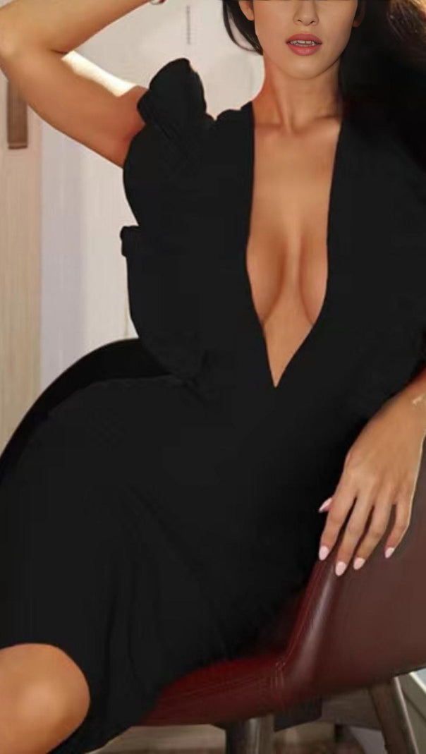 AIIZIE DEEP V MIDI DRESS IN BLACK - product image