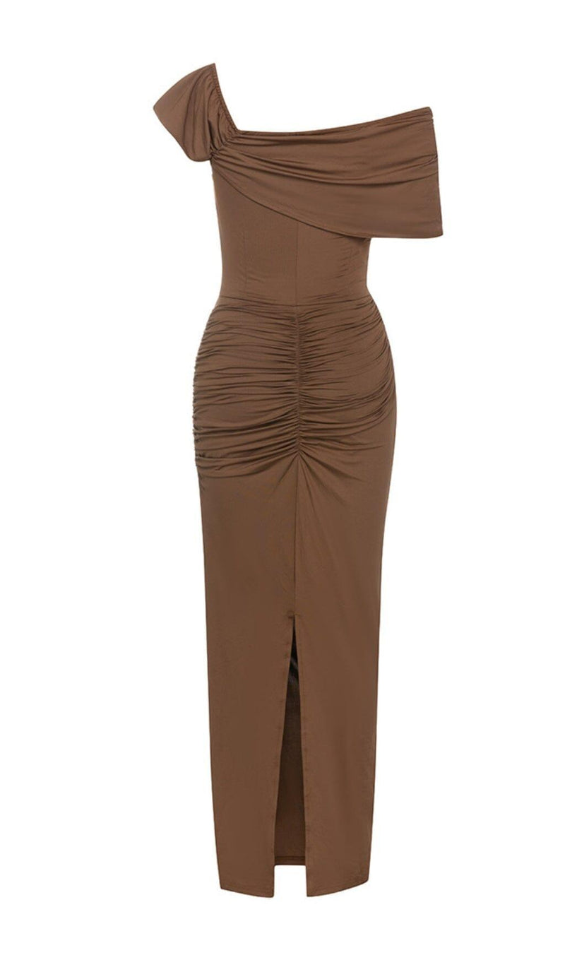 BROWN ONE-SHOULDER HIP-HUGGING DRESS