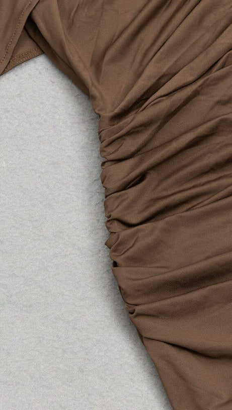 BROWN ONE-SHOULDER HIP-HUGGING DRESS