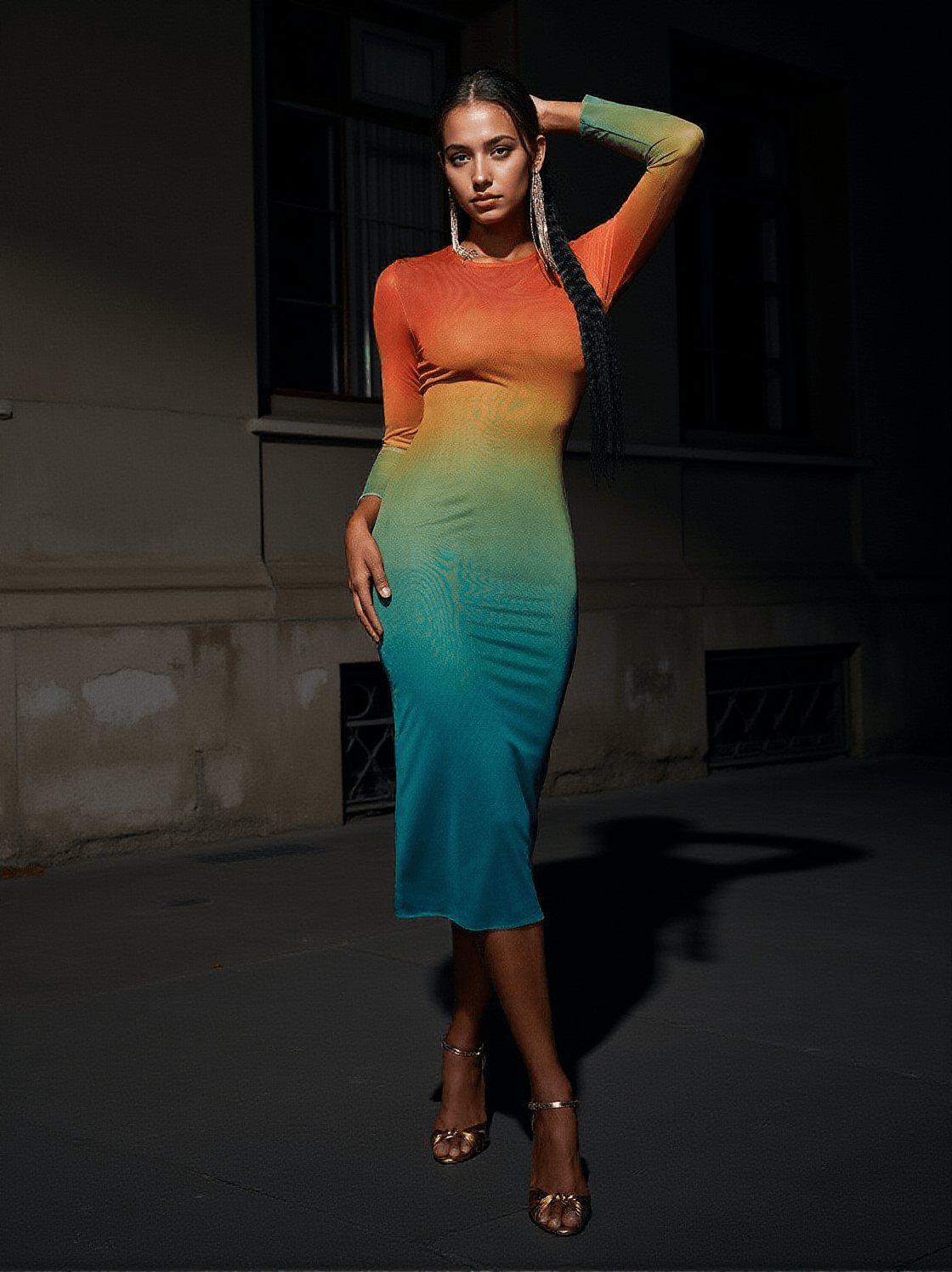 CELESTIAL OMBRE LONG SLEEVE MESH MIDI DRESS