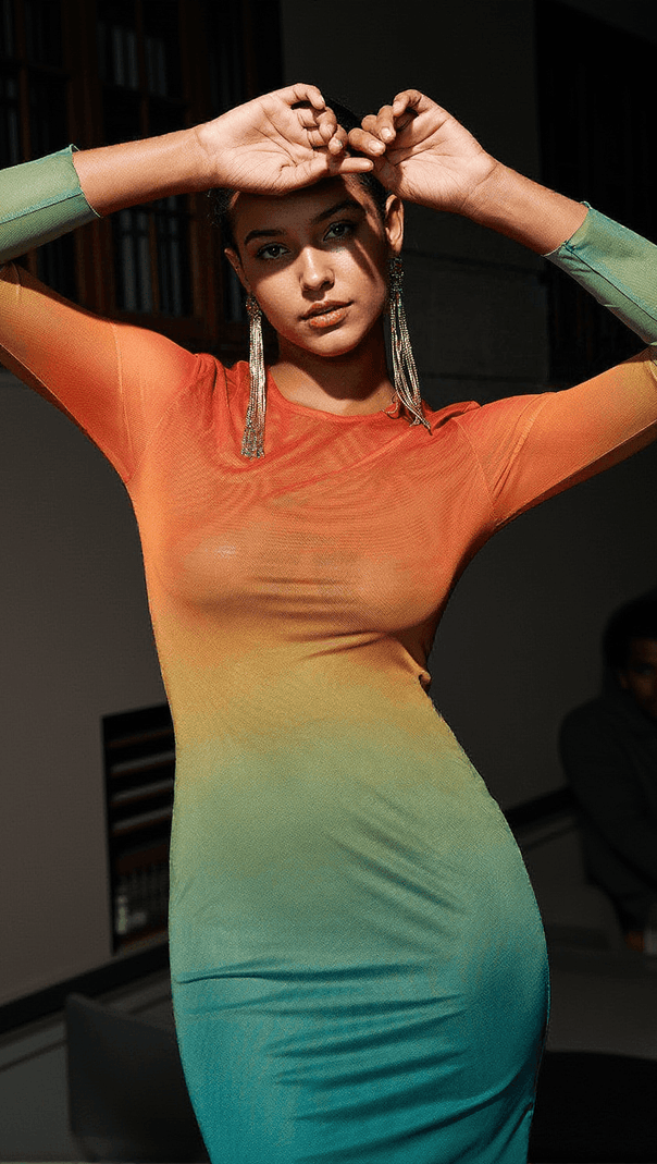 AIIZIE CELESTIAL OMBRE LONG SLEEVE MESH MIDI DRESS - product image