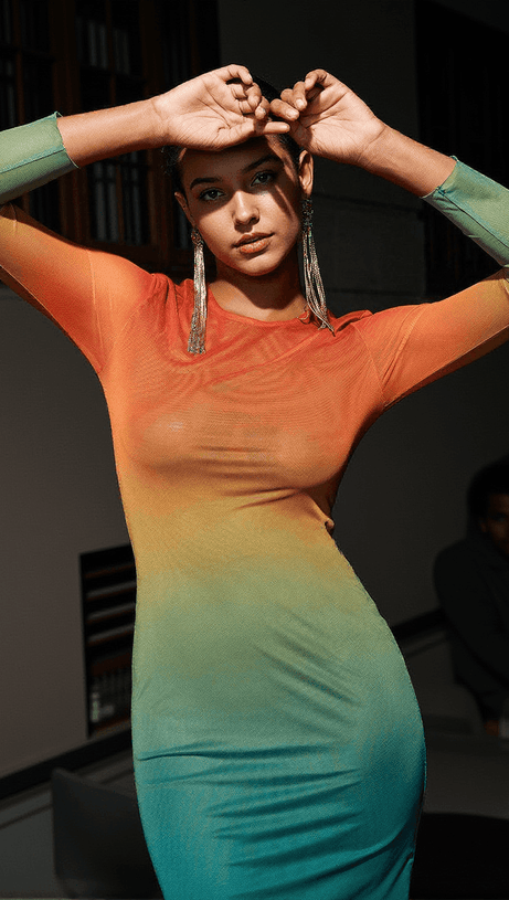 CELESTIAL OMBRE LONG SLEEVE MESH MIDI DRESS
