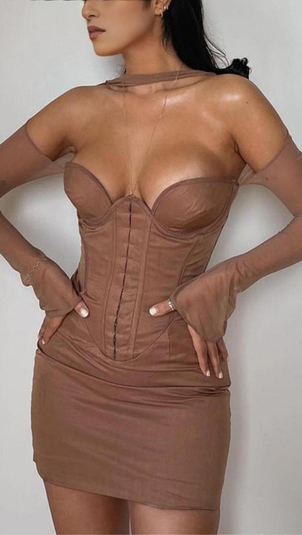 AIIZIE LONG SLEEVE MINI DRESS IN BROWN - product image