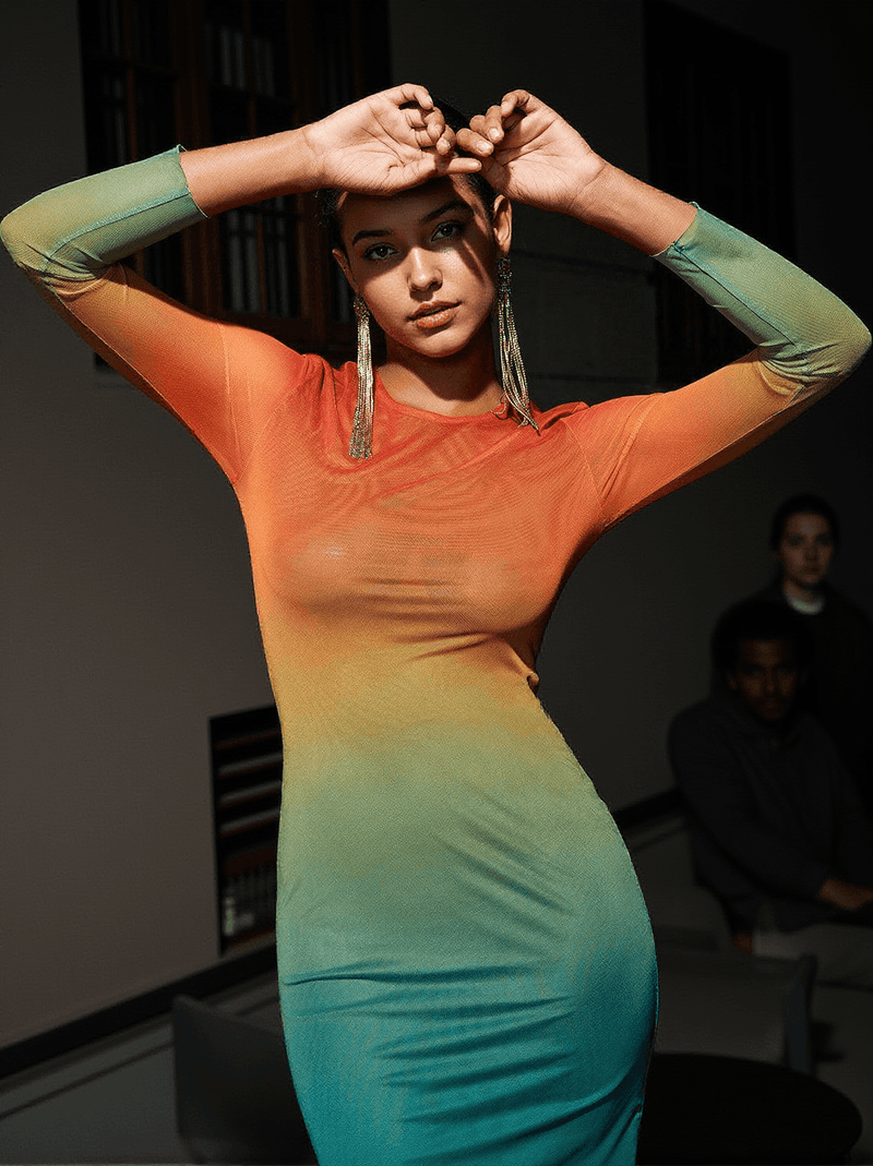 Celestial Ombre Long Sleeve Mesh Midi Dress