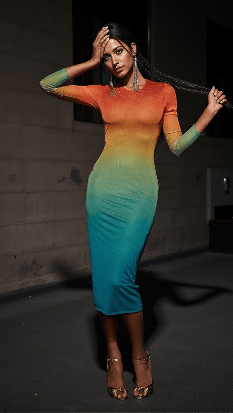 CELESTIAL OMBRE LONG SLEEVE MESH MIDI DRESS