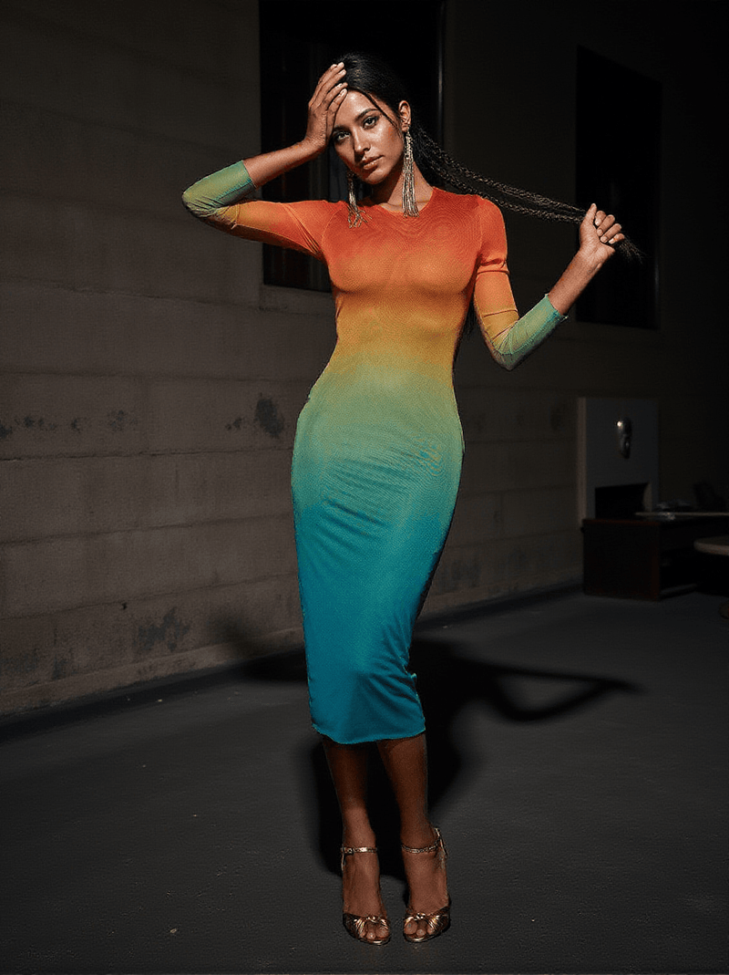 Celestial Ombre Long Sleeve Mesh Midi Dress